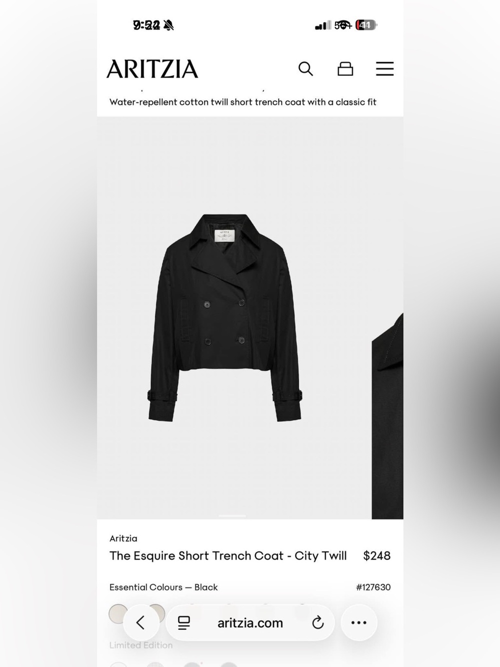 Aritzia The Esquire Short Trench Coat in Black